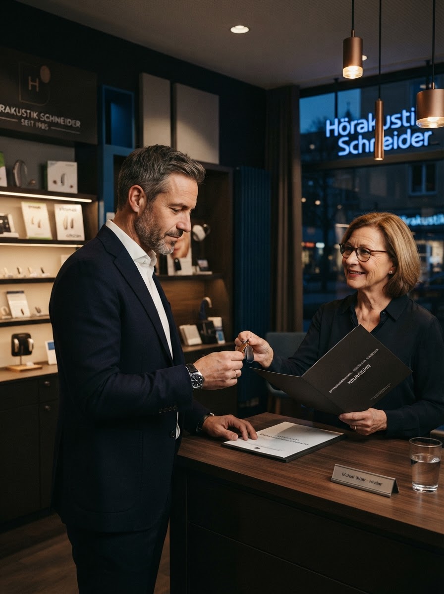 Unternehmer bei der Übernahme eines Hörakustikbetriebs