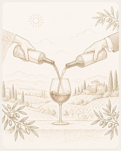 Couple pouring wine from two bottles into a single glass in a wine unity ceremony.