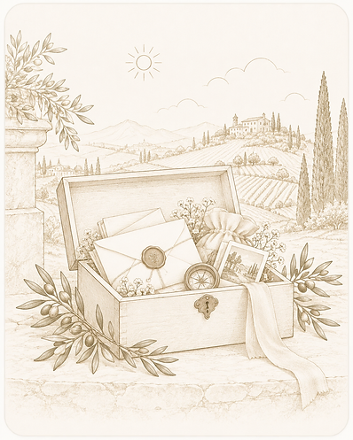 Wooden keepsake box with love letters, a compass and a framed photo for a marriage time capsule.
