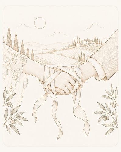 Hands bound with ribbons in a handfasting ritual, framed by olive branches and a Tuscan landscape.