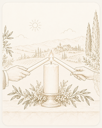 Couple lighting a central pillar candle with tapered candles in a unity candle ceremony.