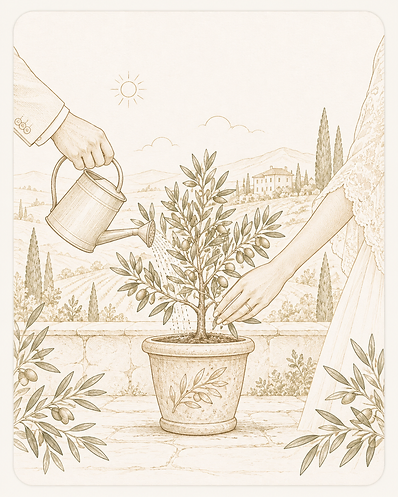 Couple watering a young olive tree in a terracotta pot during a planting ritual.