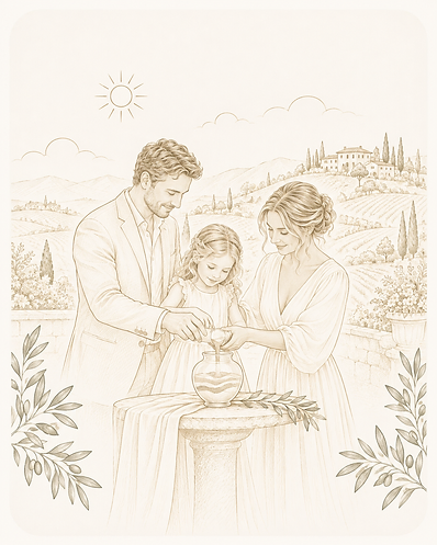 Couple and a child pouring sand together in a family sand ceremony ritual.