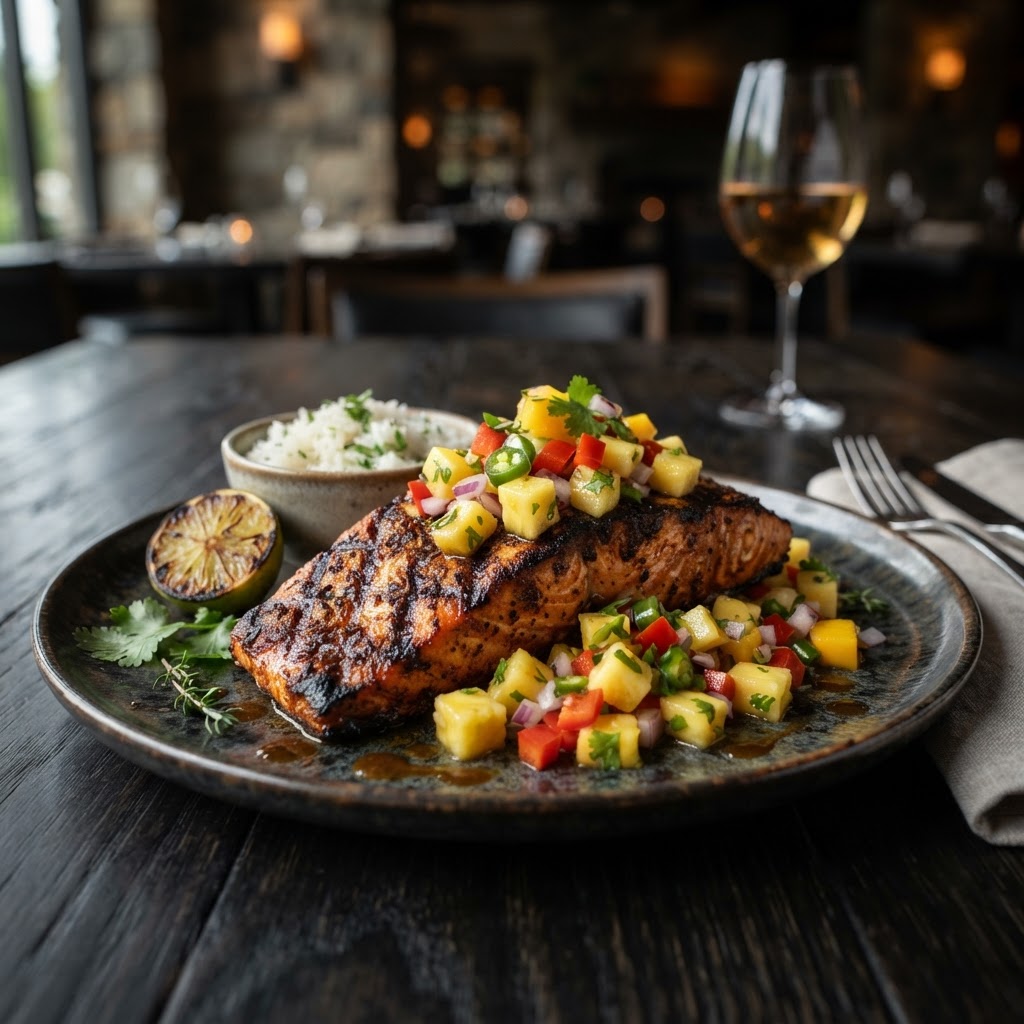 GRILLED JERK SALMON W/ PINEAPPLE SALSA