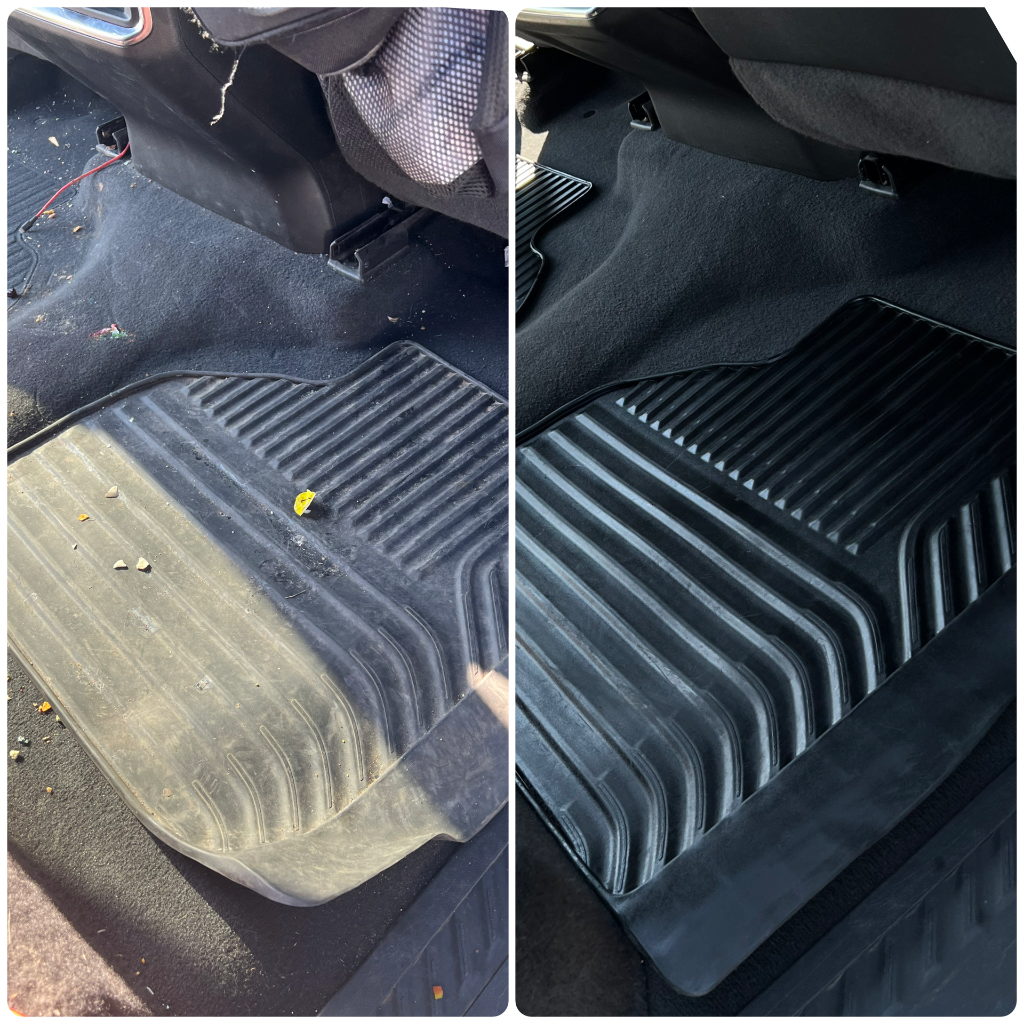 Before and after: Diamond Package interior restoration — rubber floor mat deep cleaned on fleet vehicle