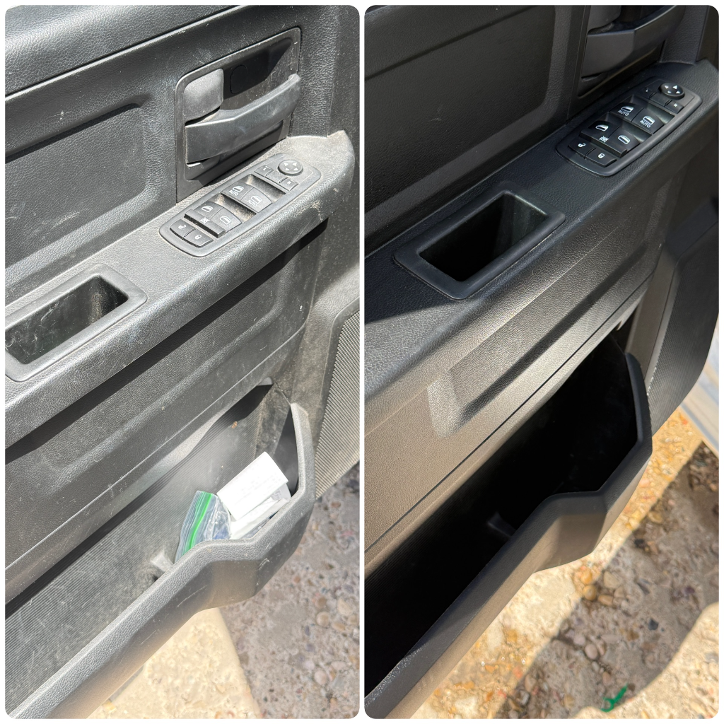 Before and after: door panel cleaned of dust and debris