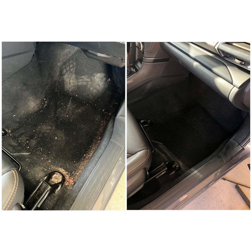 Before and after: passenger footwell professionally cleaned