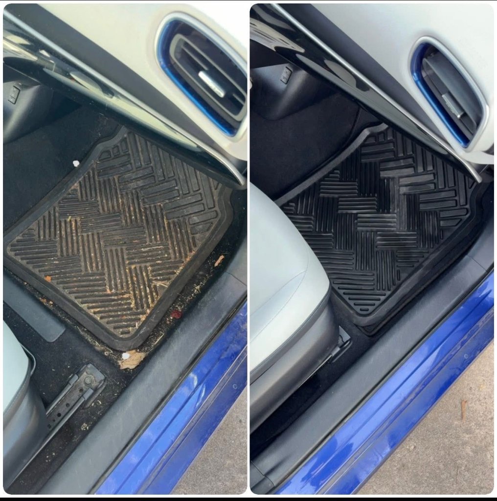 Before and after: passenger footwell and floor mat cleaned