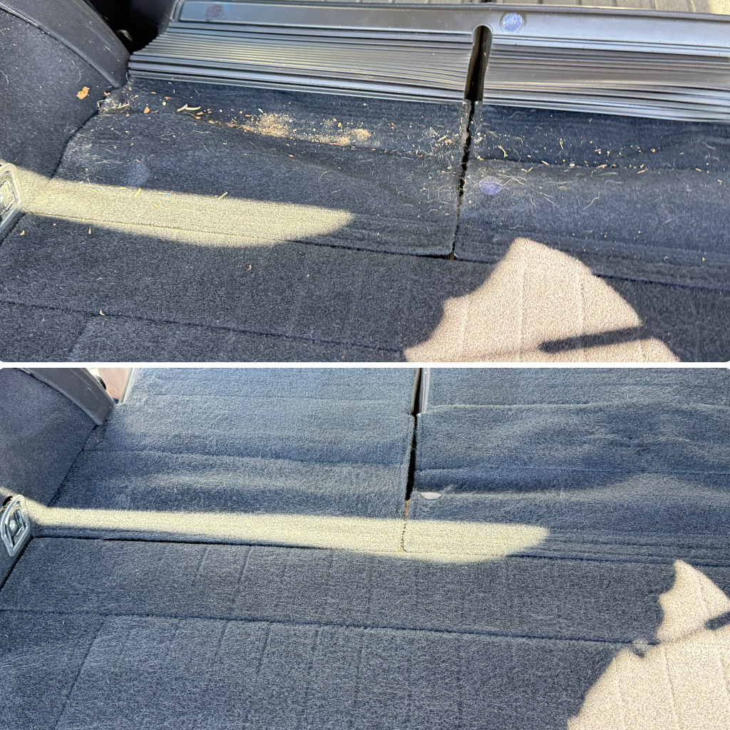 Before and after: trunk carpet cleaned of dirt and debris