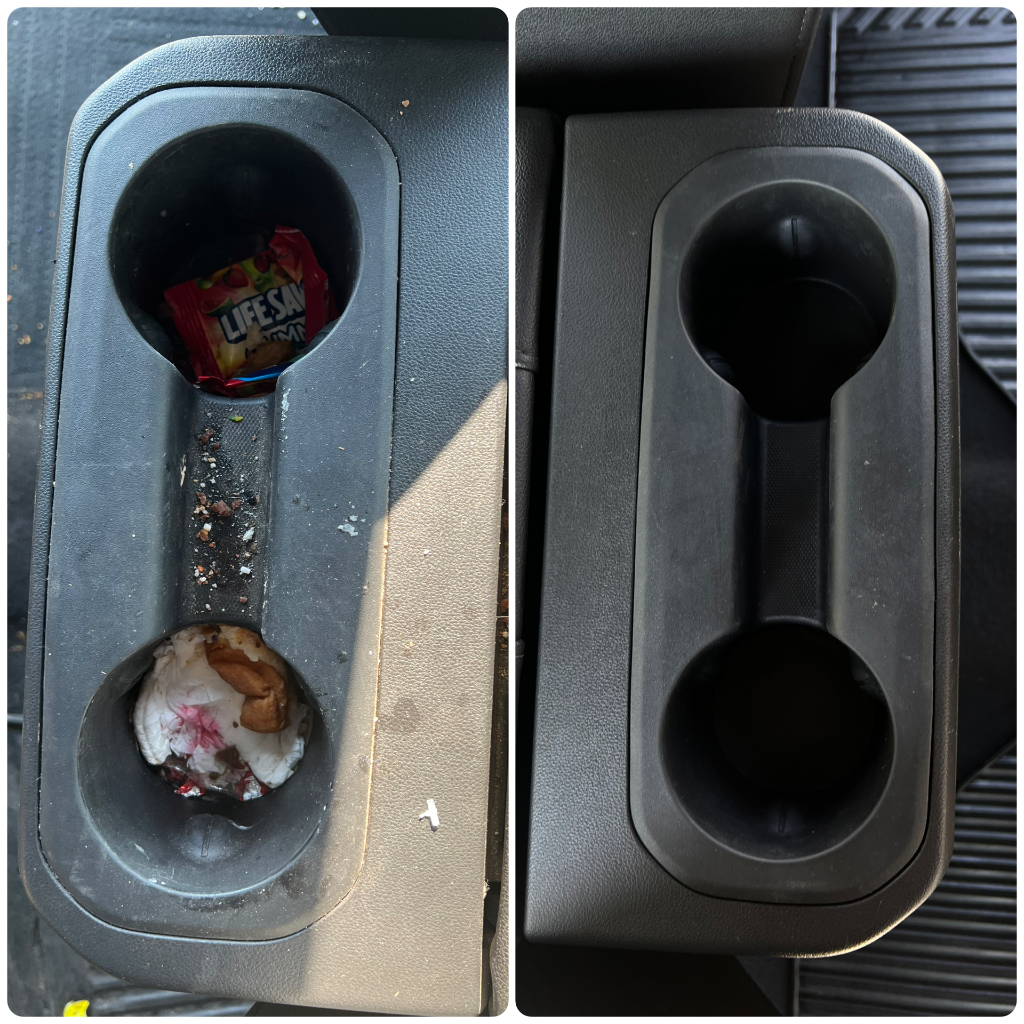 Before and after: Diamond Package interior restoration — rear cup holder console cleaned on fleet truck