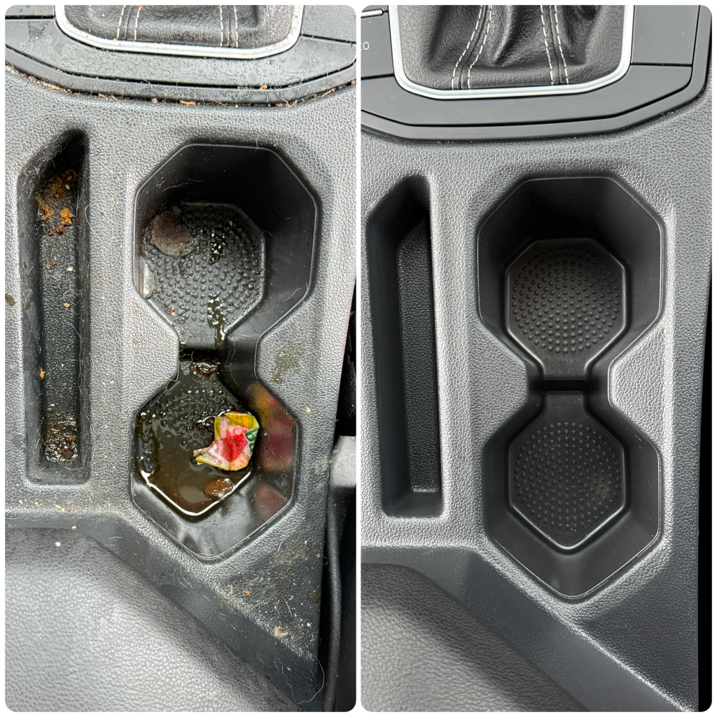 Before and after: cup holder and center console cleaned