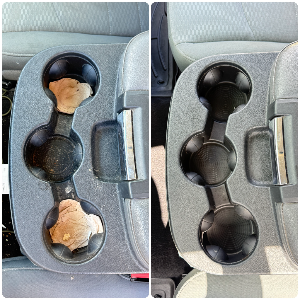 Before and after: center console trash removed and cleaned