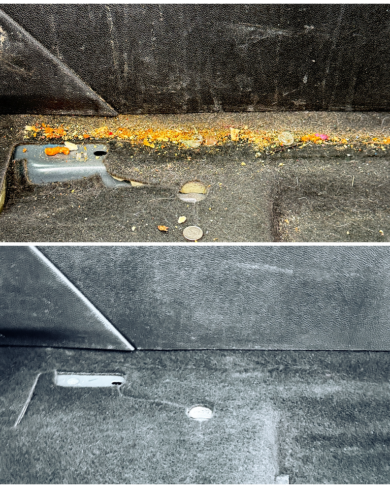 Before and after: crumbs and debris removed from seat track area