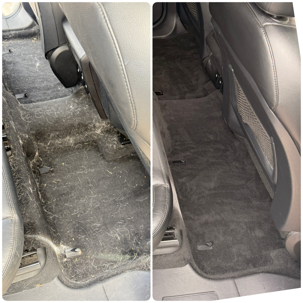 Before and after: rear floor mat cleared of pet hair