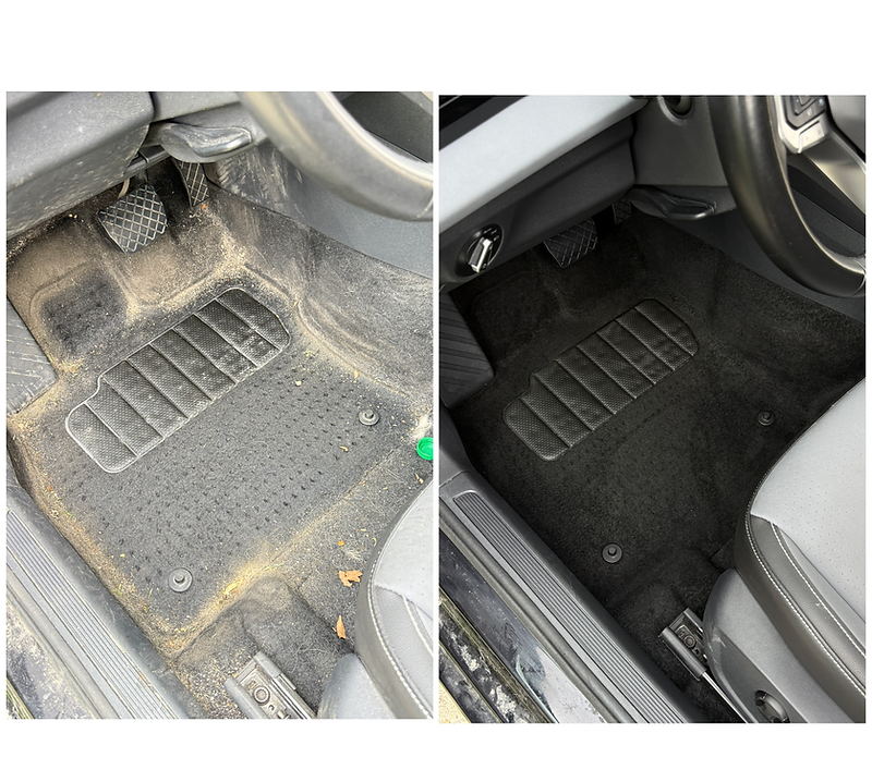 Before and after mobile interior detailing — car floor carpet restored in Davis, Weber and Salt Lake County, Utah