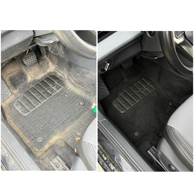 Before and after mobile interior detailing — car floor carpet restored in Davis, Weber and Salt Lake County, Utah