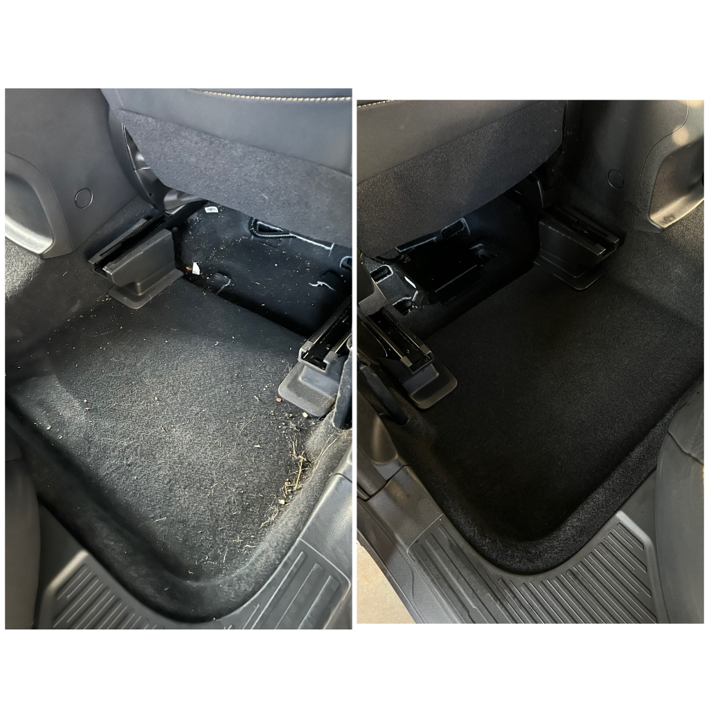 Before and after: floor carpet cleaned of debris and pet hair