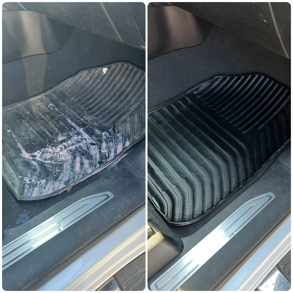 Before and after: Diamond Package interior restoration — floor mat residue removed on fleet vehicle