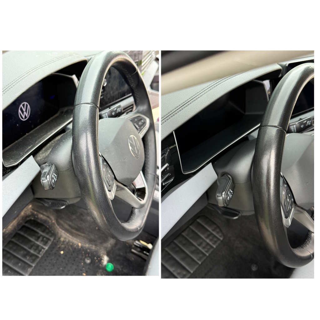 Before and after: steering wheel and dashboard interior clean