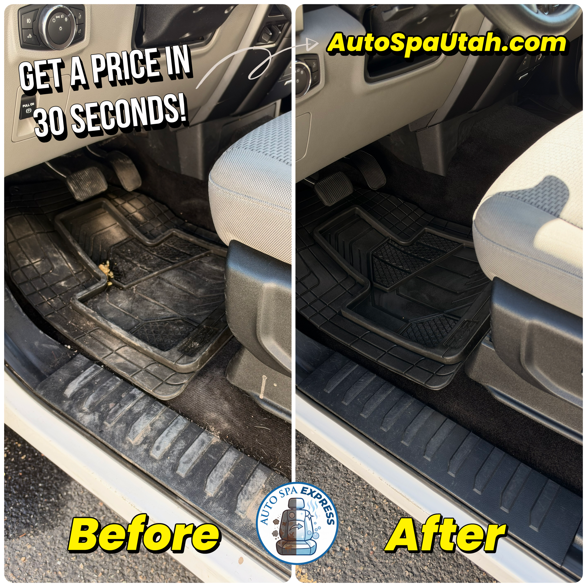 Work truck driver floor mat before and after professional interior detailing in Utah