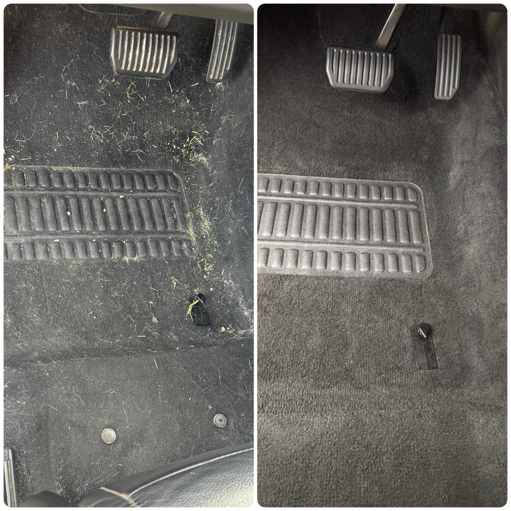 Before and after: floor mat cleaned of grass and pet hair