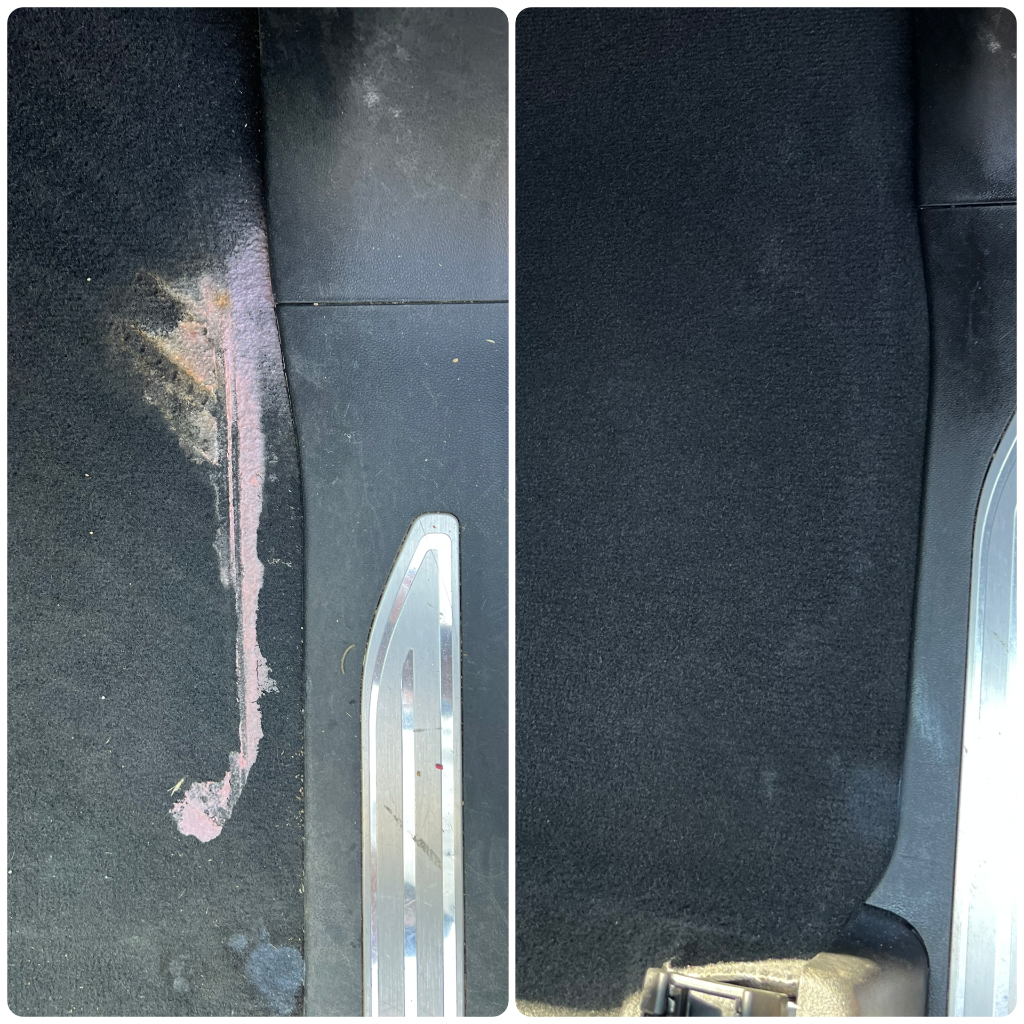 Before and after: Diamond Package interior restoration — carpet stain removed on business fleet truck