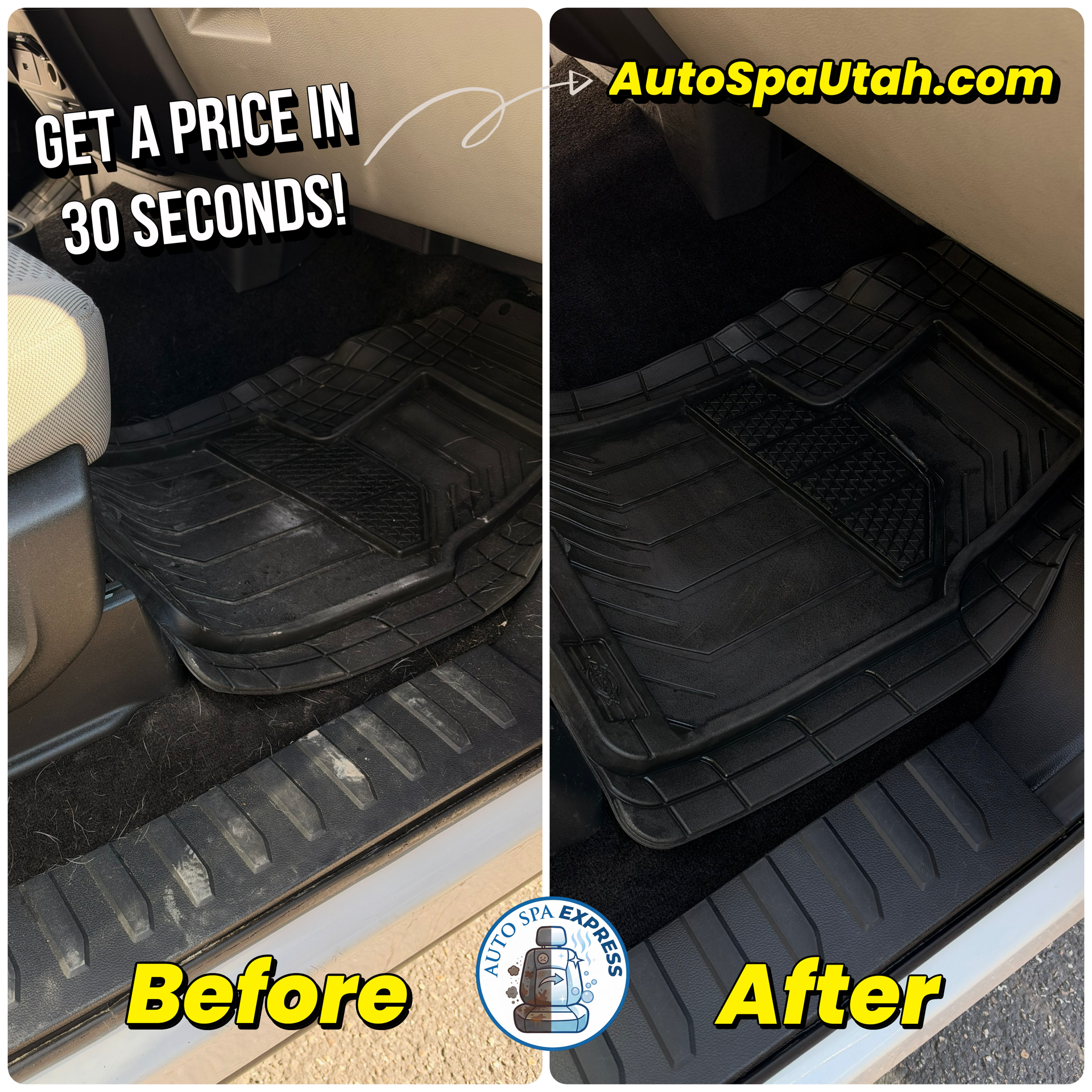 Work truck passenger floor mat before and after mobile auto detailing in Utah
