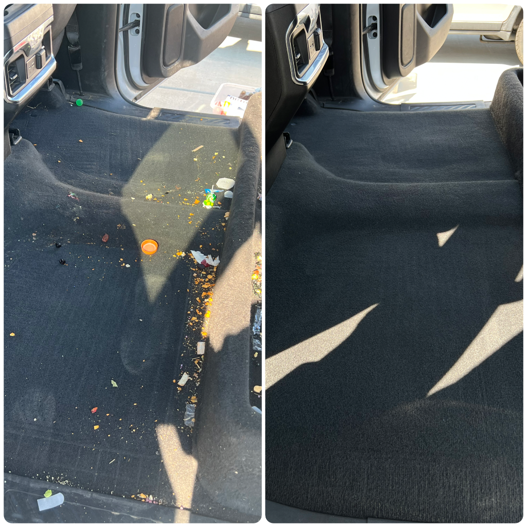 Before and after: Diamond Package interior restoration — rear floor cleared of debris on business fleet truck