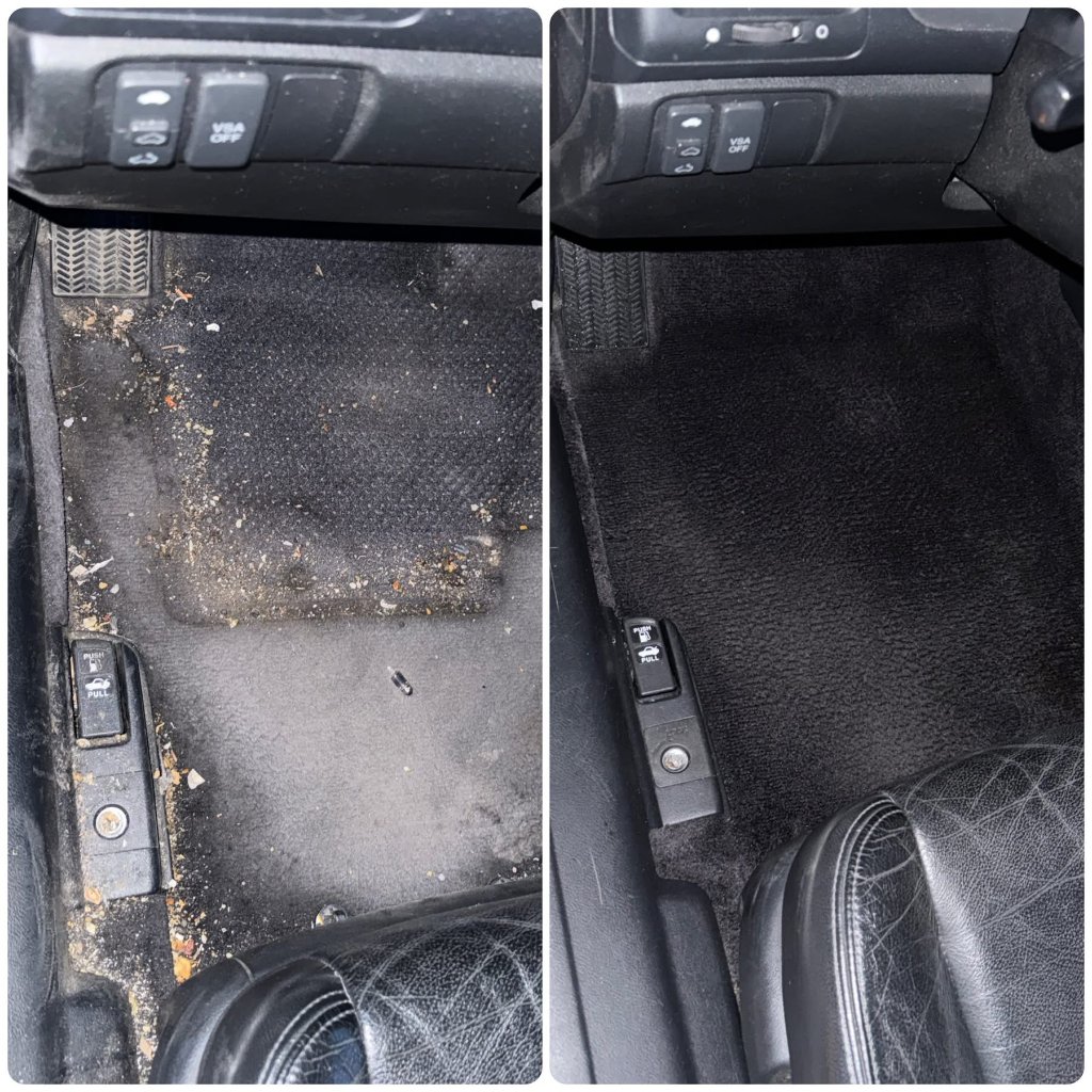 Before and after: floorboard cleaned of debris