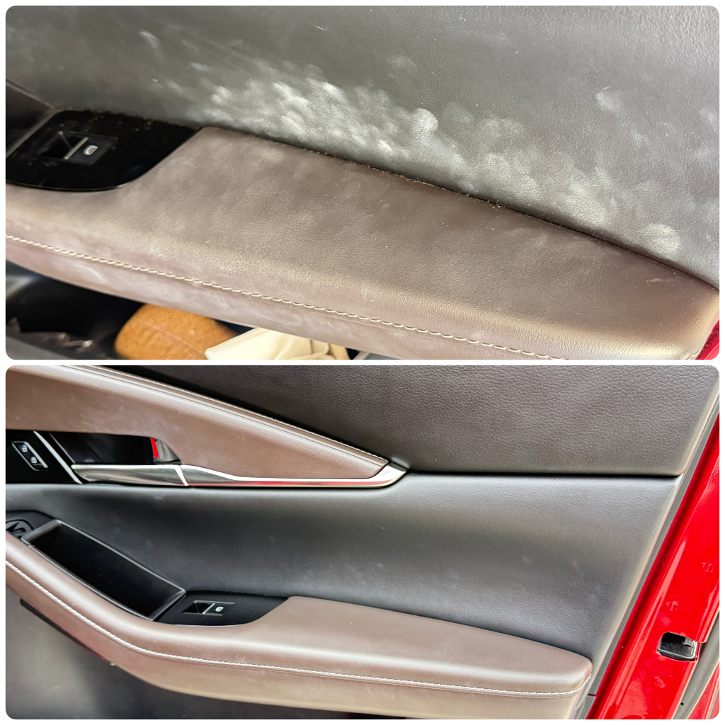 Before and after: leather door panel residue removed