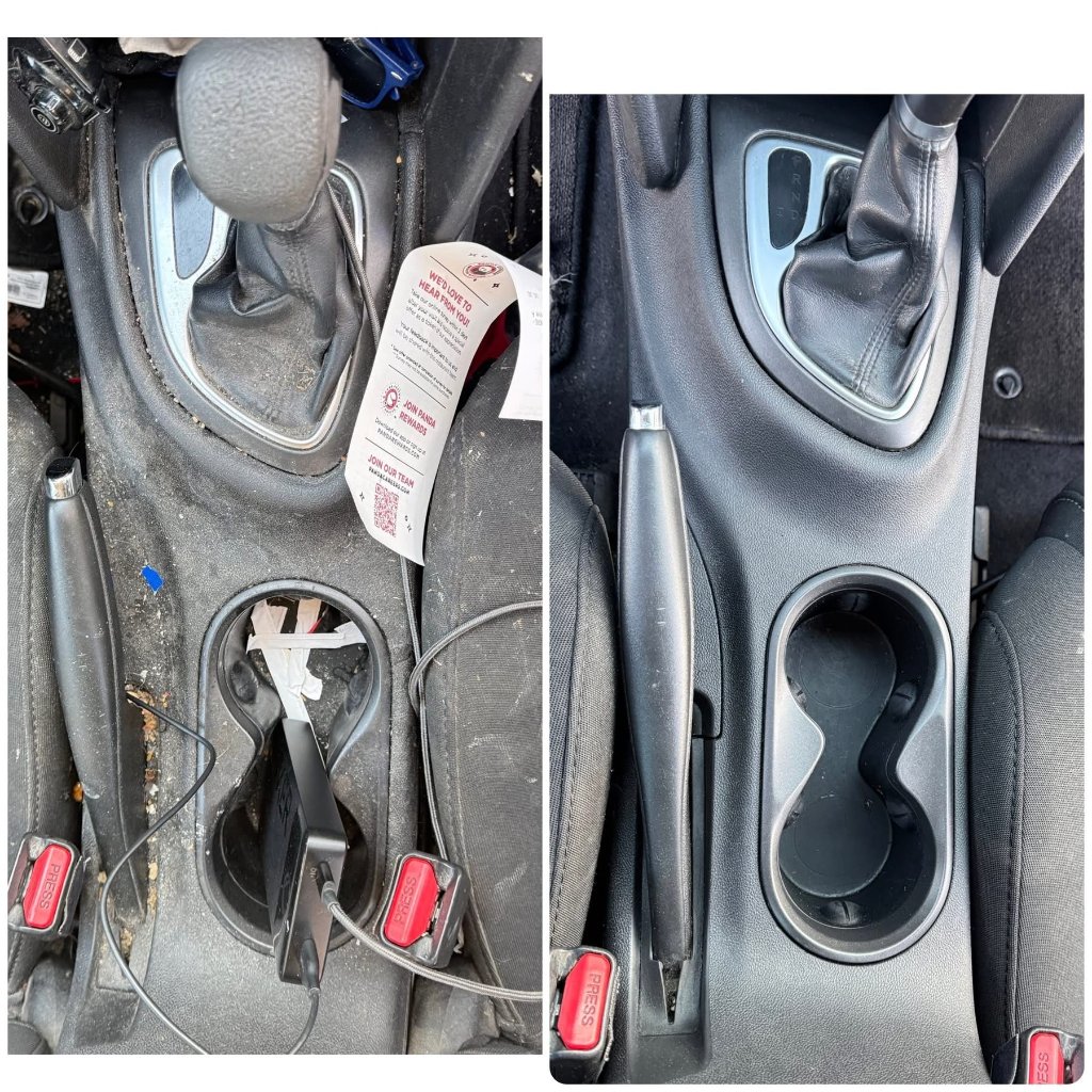 Before and after: center console decluttered and cleaned