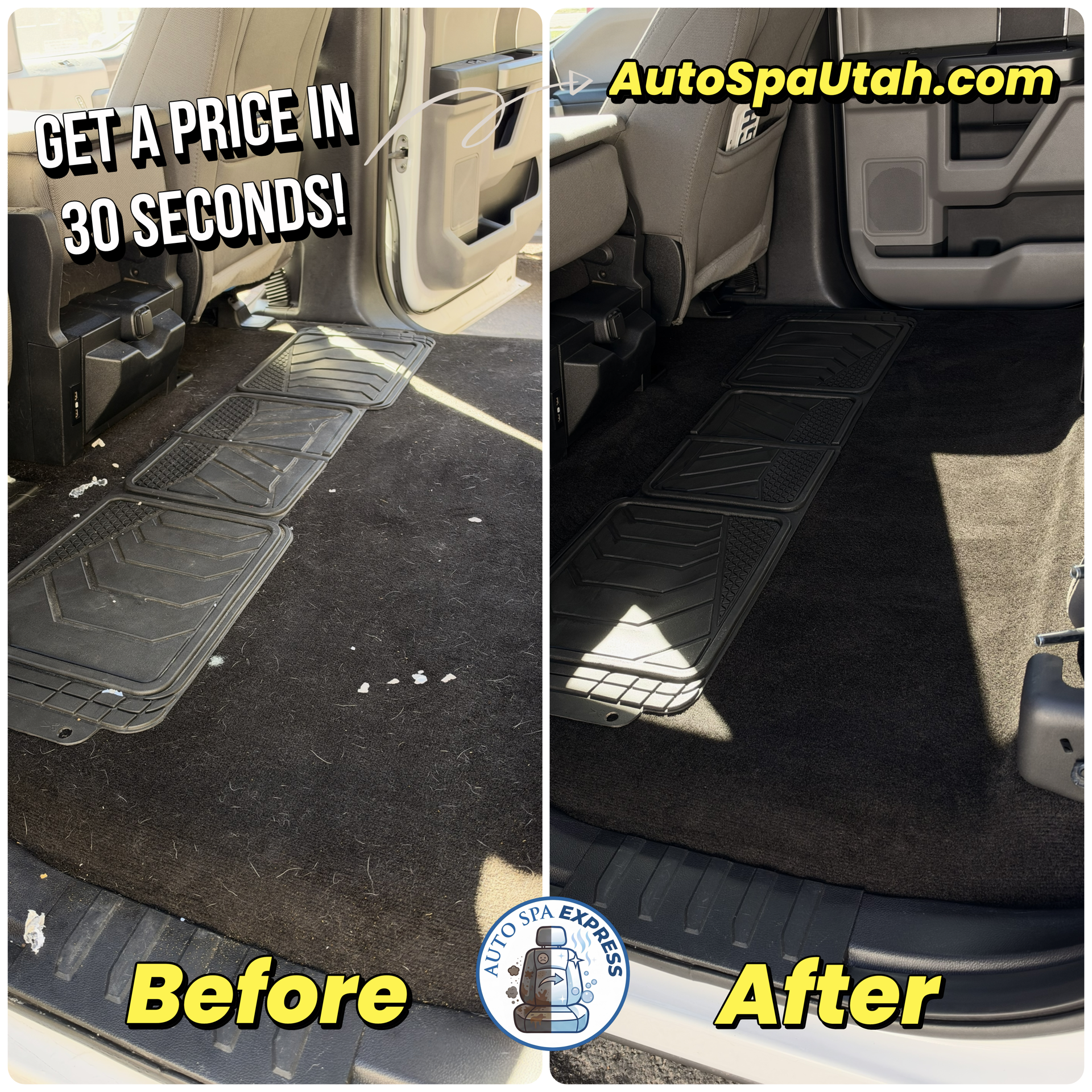 Truck rear floor carpet before and after hot water extraction interior detail