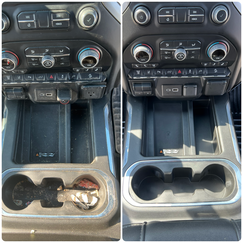 Before and after: Diamond Package interior restoration — console and cup holders detailed on fleet truck