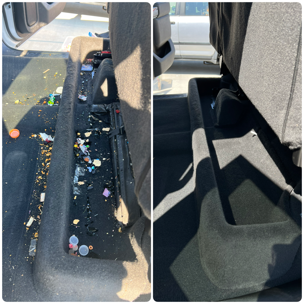 Before and after: Diamond Package interior restoration — under-seat storage cleared and cleaned on fleet truck