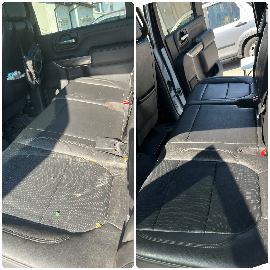 Before and after: Diamond Package interior restoration — rear leather seats detailed on business fleet truck
