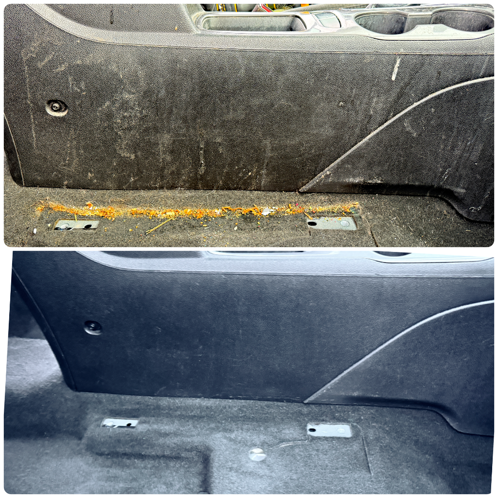 Before and after: center console and floor cleaned