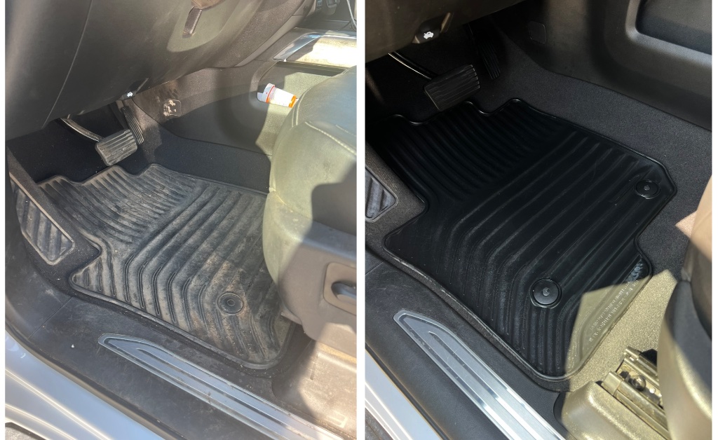 Before and after: Diamond Package interior restoration — front floor mat cleaned on fleet vehicle