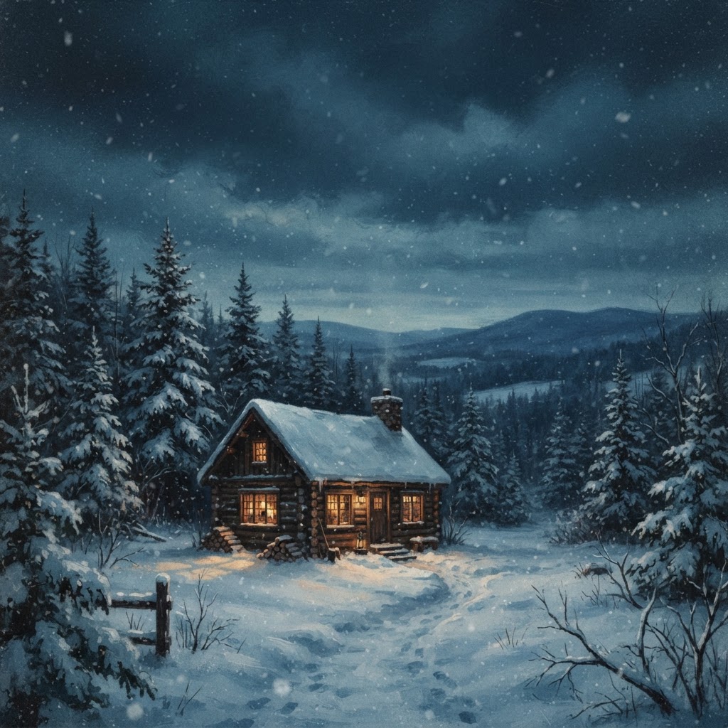 A snow-covered cabin glowing warmly among pine trees at dusk