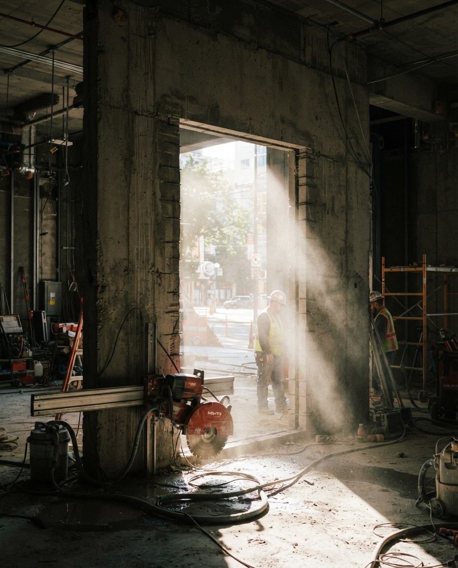 Wall sawing contractor creating a doorway opening in a concrete wall in South Florida