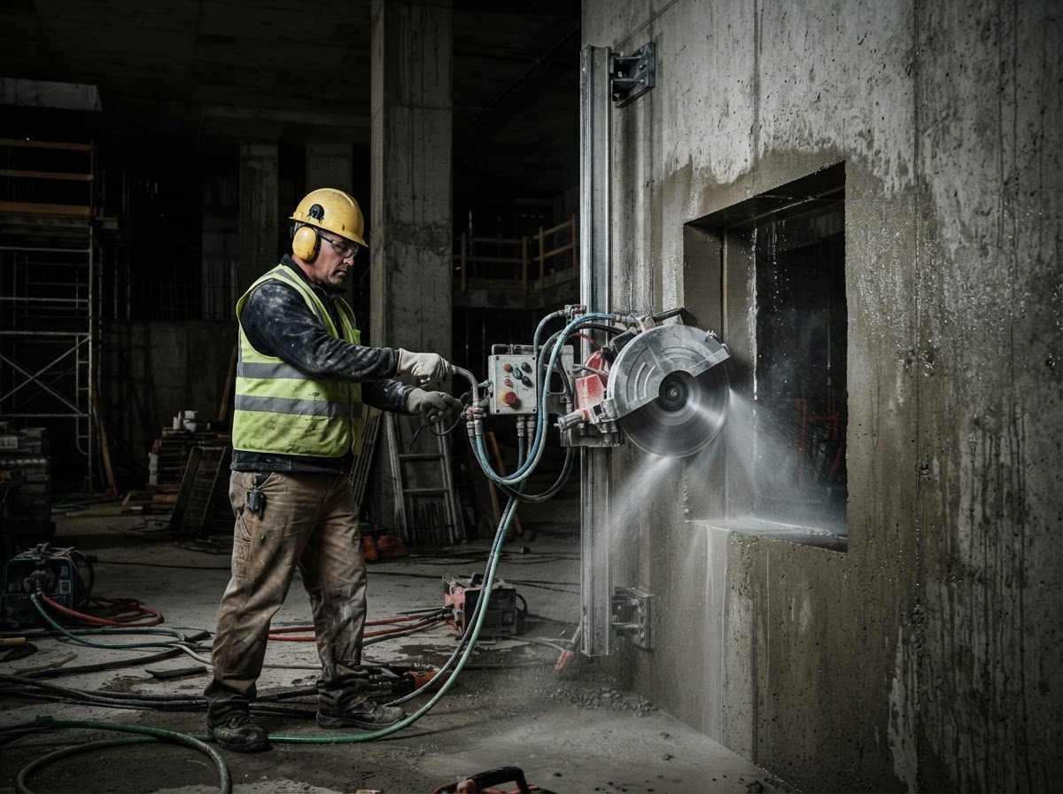 Wall sawing contractor creating a precise opening in a concrete wall in South Florida