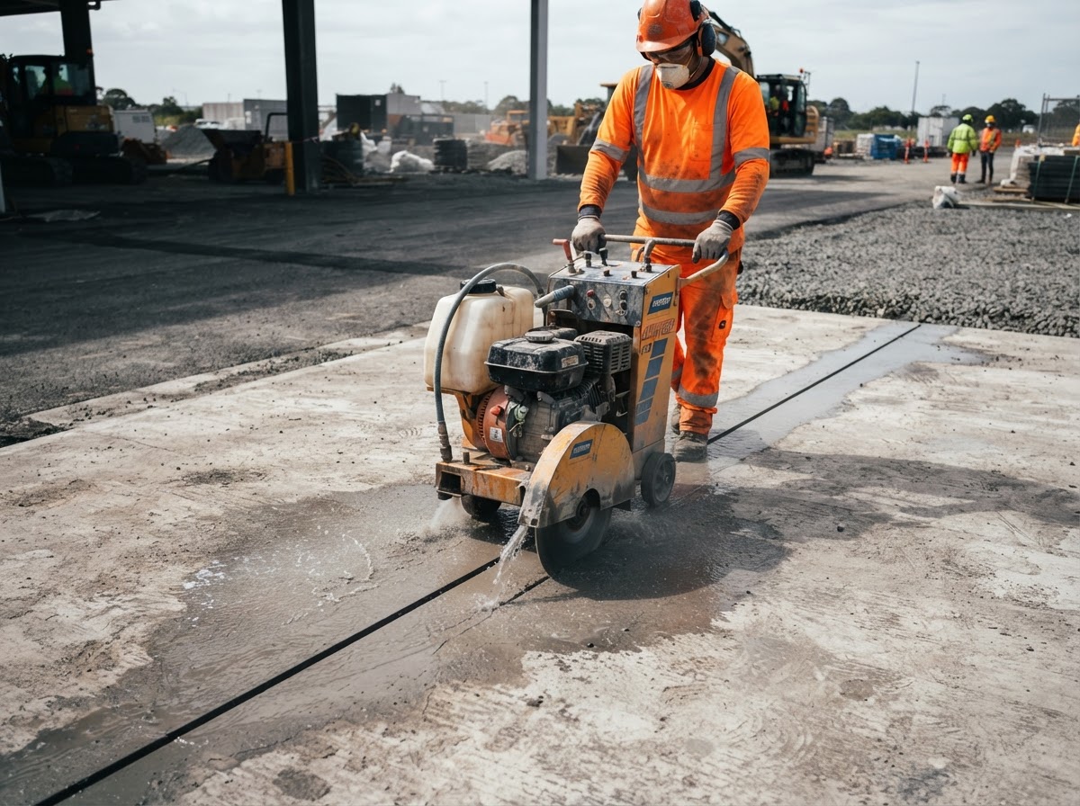 Commercial slab sawing contractor cutting a concrete floor in South Florida