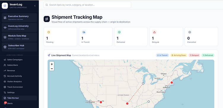 InvenLog Shipment Tracking Map — live origin-to-destination shipment visibility