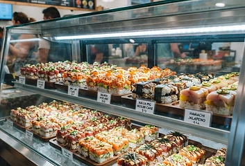 Sushi cakes, lined for the case