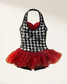 Sequin Checkered Performance Dance Leotard with Tutu Skirt