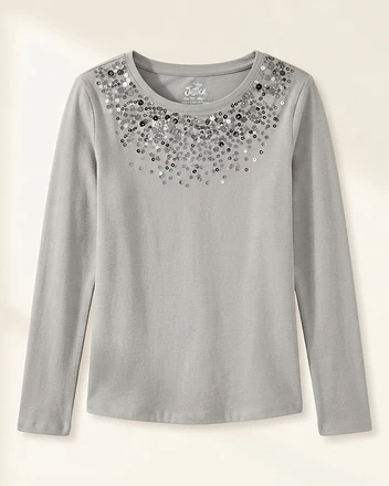 Justice Gray Long Sleeve Sequin Embellished Tee