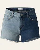 Two-Tone Raw Hem Denim Shorts