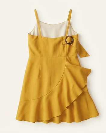 Mustard yellow wrap-style sundress with ruffles