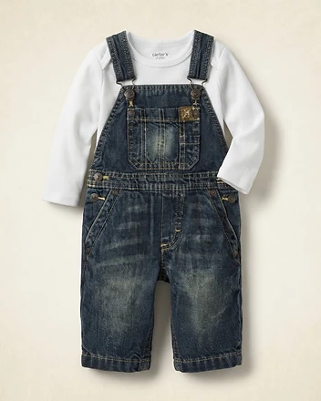 Baby Boys Denim Overalls and Long Sleeve Onesie Set