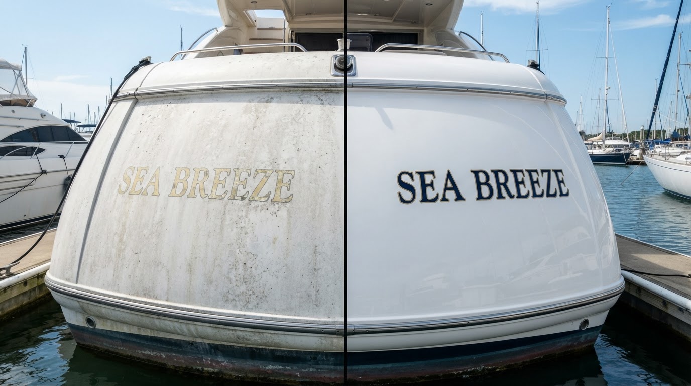 Before and after yacht hull polishing and gelcoat restoration in Fort Lauderdale