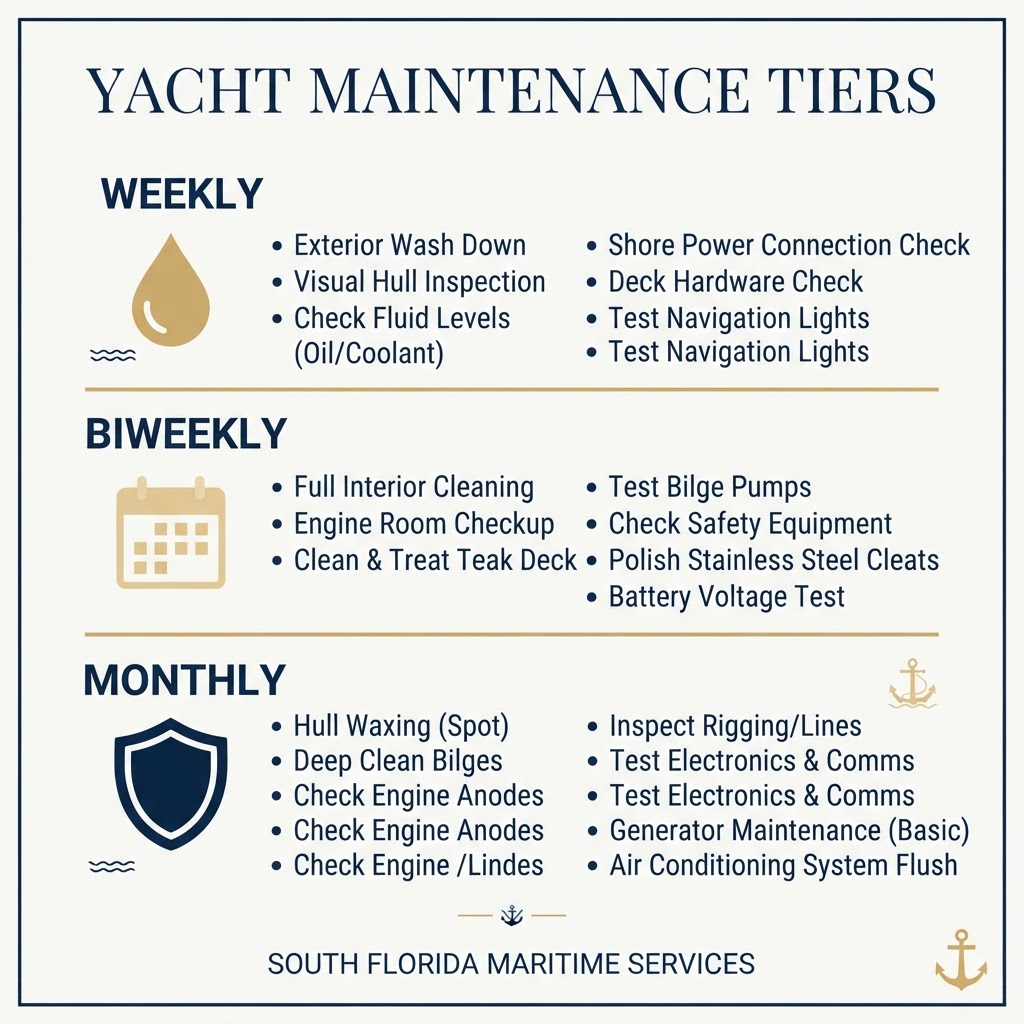Yacht washdown maintenance plan tiers: weekly, biweekly, and monthly